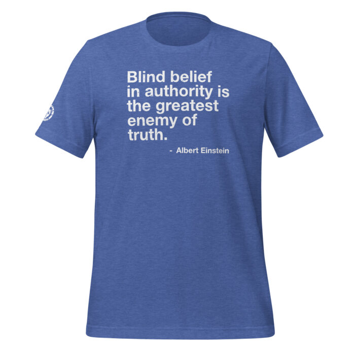 A mockup of the Humble Outlaw 'Blind Belief Men's T-Shirt' in Heather True Royal color.
