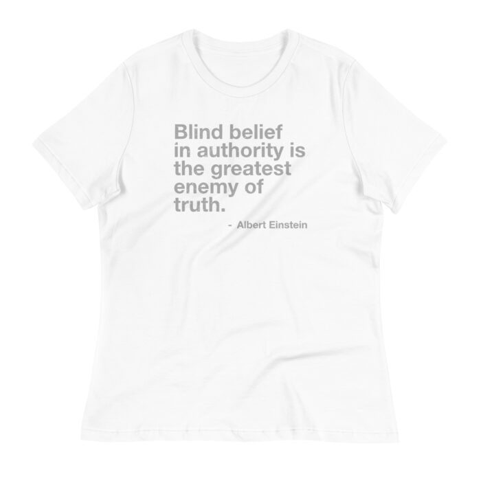 A flat mockup of the Humble Outlaw 'Blind Belief Women's T-Shirt' in White color.