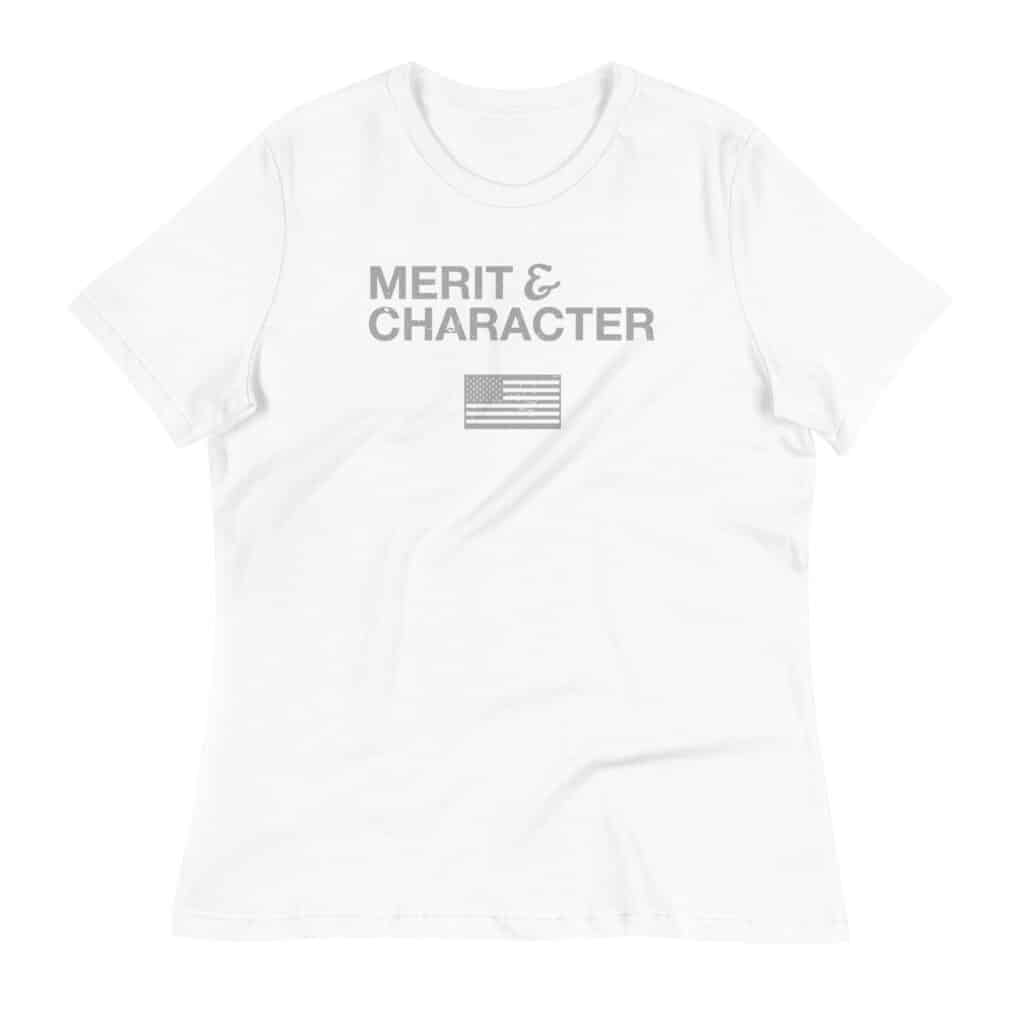 A flat mockup of the Humble Outlaw 'Merit Women's T-Shirt' in White color.