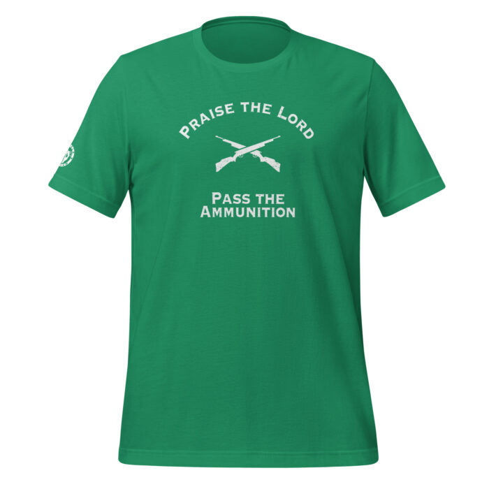 A mockup of Humble Outlaw 'The Lord + Ammo' Men's T-Shirt' in Kelly color.