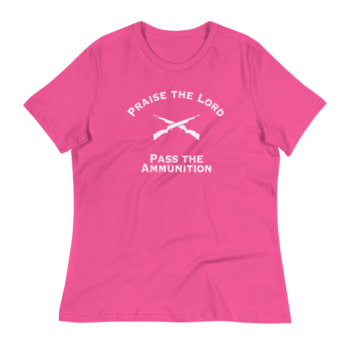 A flat mockup of Humble Outlaw 'The Lord + Ammo Women's T-Shirt' in Berry color.