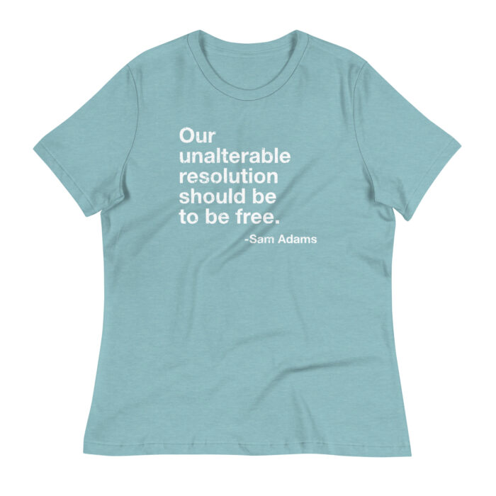 A flat mockup of Humble Outlaw 'To Be Free Women's T-Shirt' in Heather Blue Lagoon color.