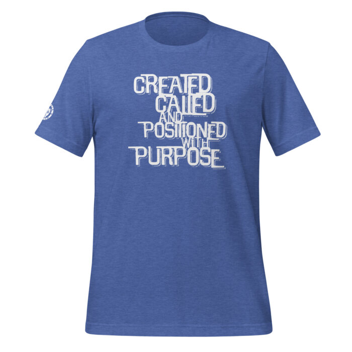 A mockup of the Humble Outlaw 'With Purpose Men's T-Shirt' in Heather True Royal color.