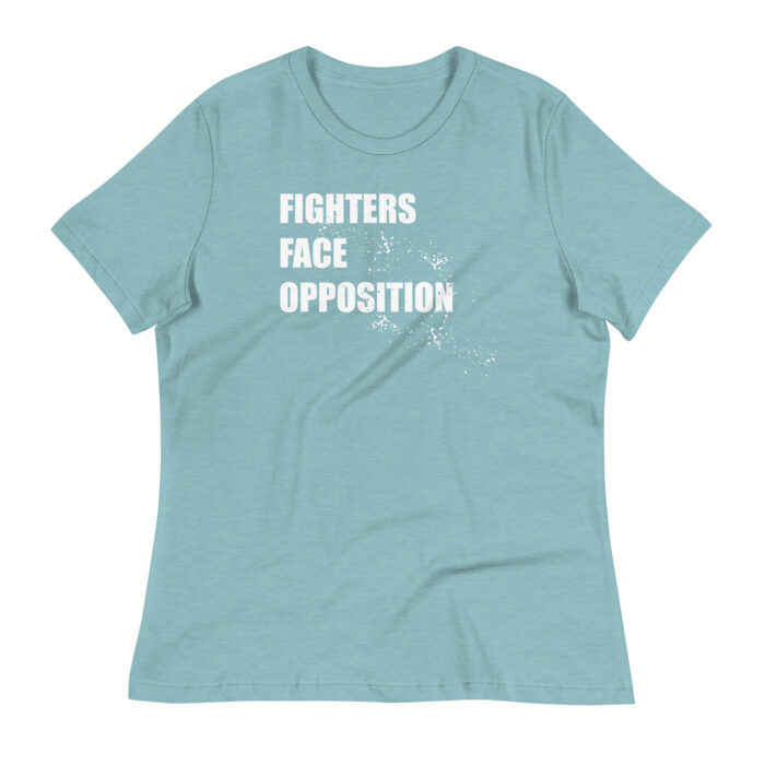 A flat mockup of the Humble Outlaw 'Fighters Women's T-Shirt' in Heather Blue Lagoon color.