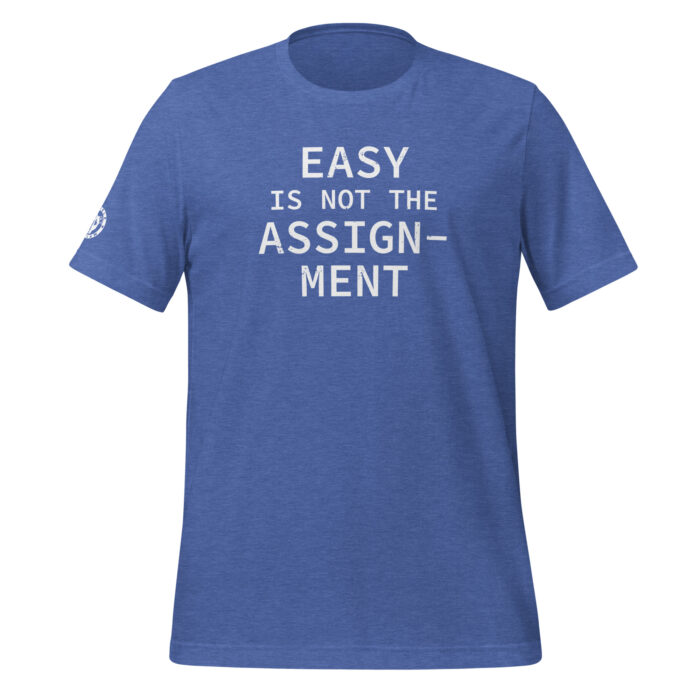 A mockup of the Humble Outlaw 'Easy Assignment Men's T-Shirt' in Heather True Royal color.