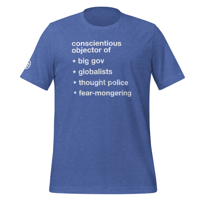 A mockup of Humble Outlaw 'Objector Men's T-Shirt' in Heather True Royal color.