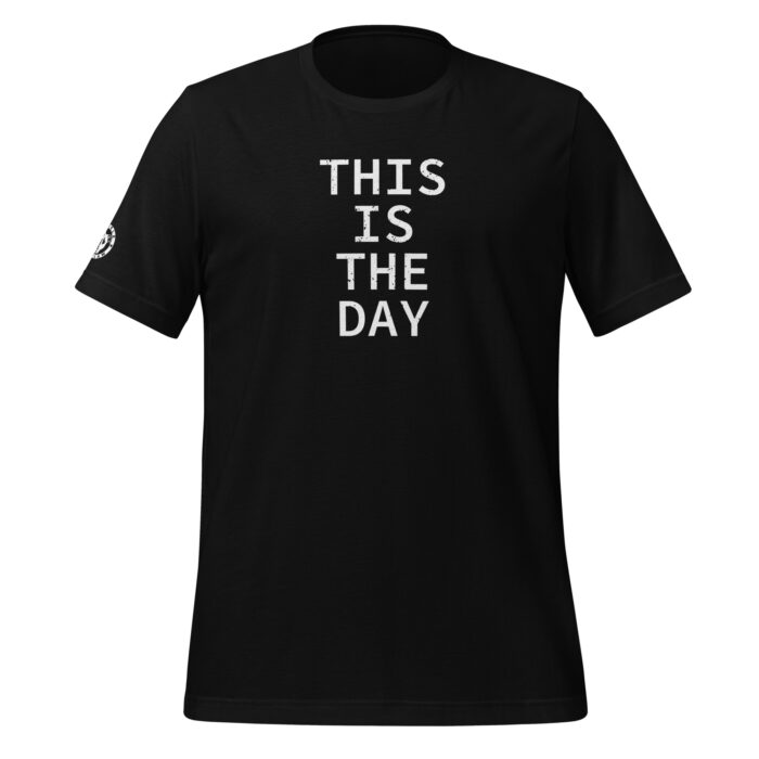 A mockup of the Humble Outlaw 'This is the Day Men's T-Shirt' in Black color.