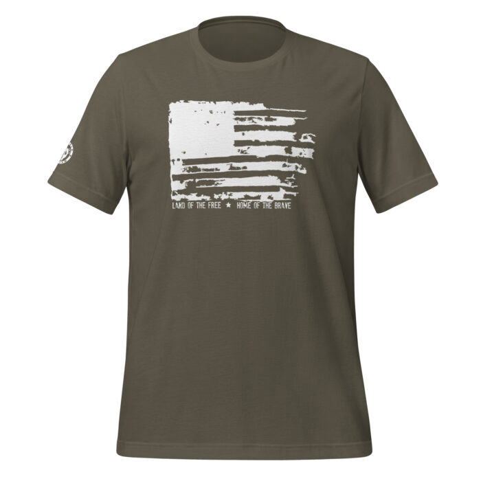 A mockup of Humble Outlaw 'Free + Brave Men's T-Shirt' in Army color.
