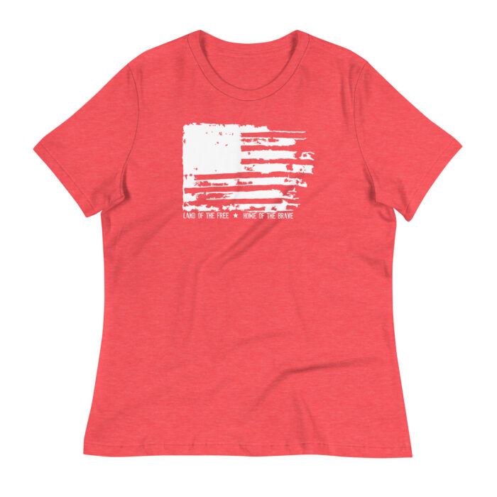 A flat mockup of Humble Outlaw 'Free + Brave Women's T-Shirt' in Heather Red color.