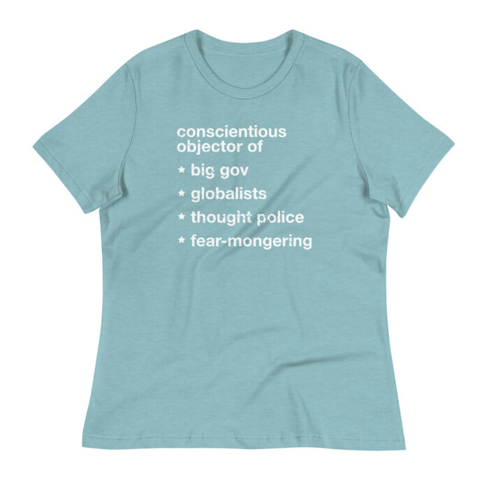 A flat mockup of Humble Outlaw 'Objector Women's T-Shirt' in Heather Blue Lagoon color.