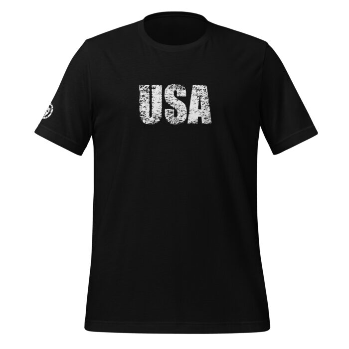 A mockup of Humble Outlaw 'USA Men's T-Shirt' in Black color.