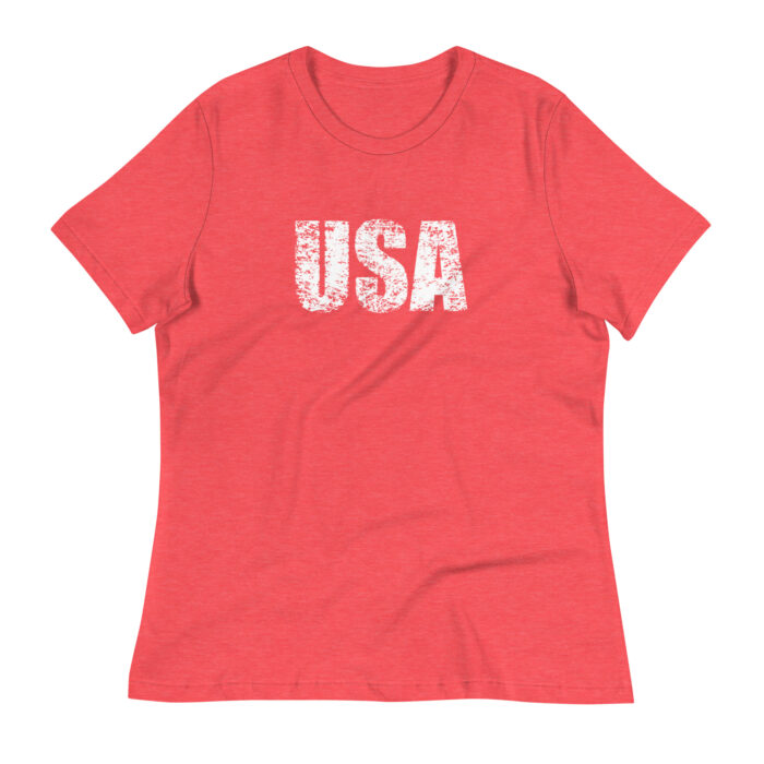 A flat mockup of Humble Outlaw 'USA Women's T-Shirt' in Heather Red color.