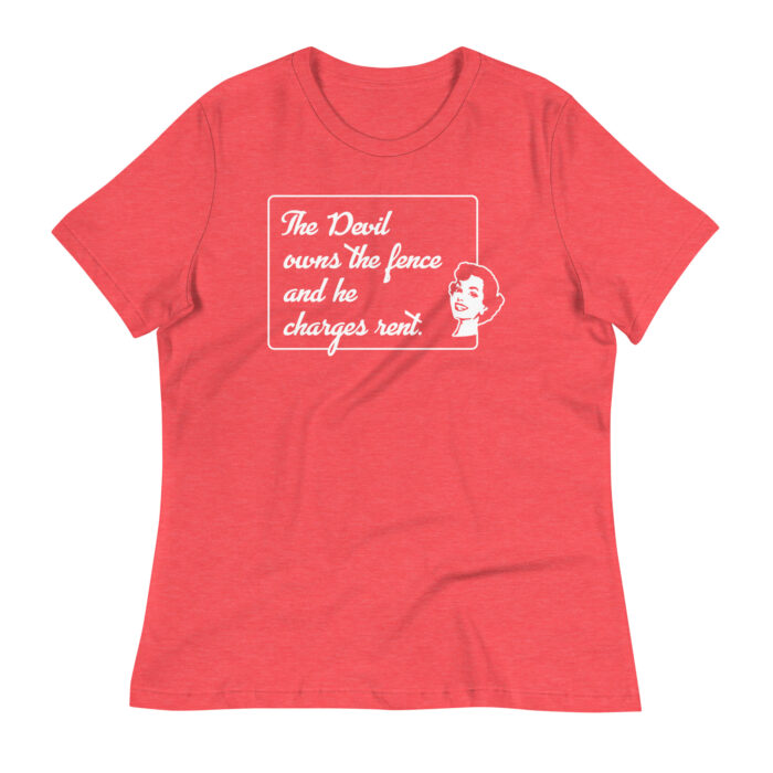 A flat mockup of the Humble Outlaw 'Devil's Fence Women's T-Shirt' in Heather Red color.